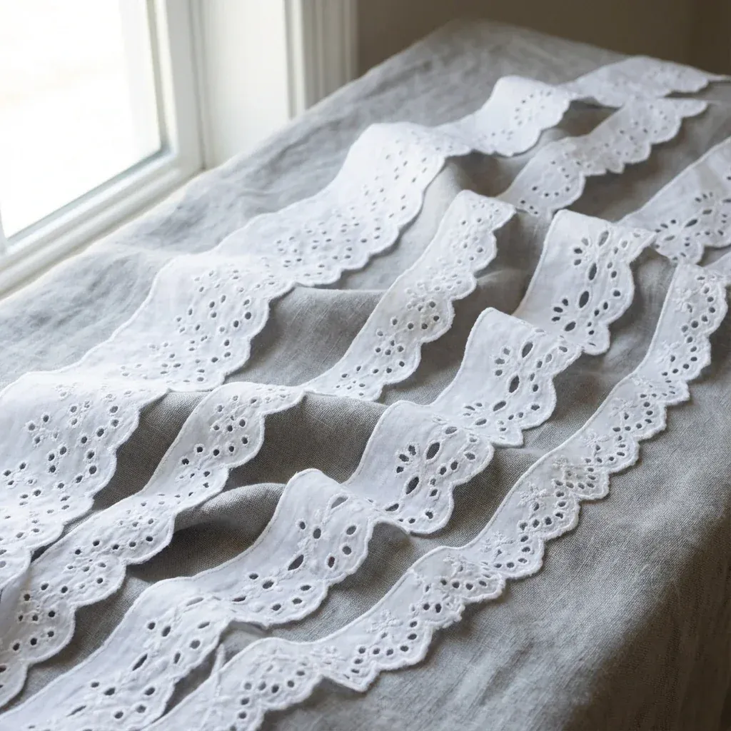 White scalloped eyelet trim arranged in parallel waves on textured fabric beside a window. White scalloped eyelet trim arranged in parallel waves on textured fabric beside a window.